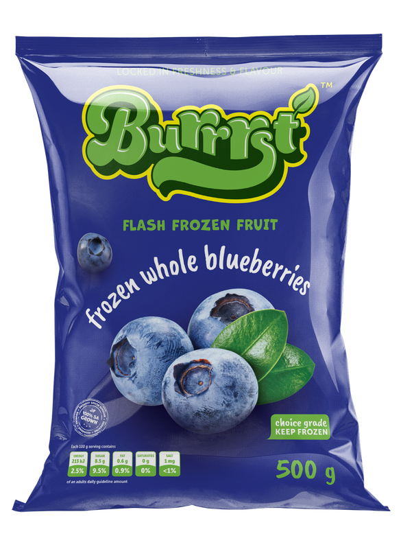500 gram blue packet of Burrrst frozen whole blueberries
