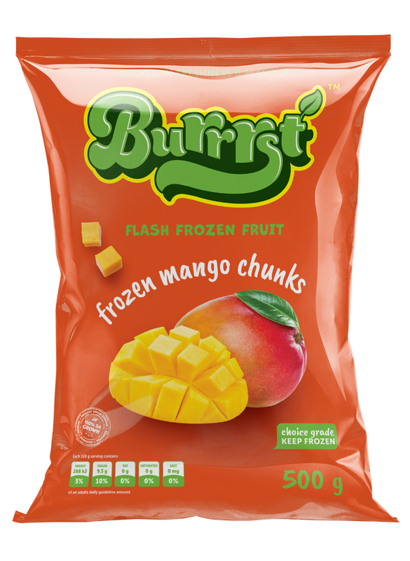 500 gram orange packet of Burrrst frozen mango chunks