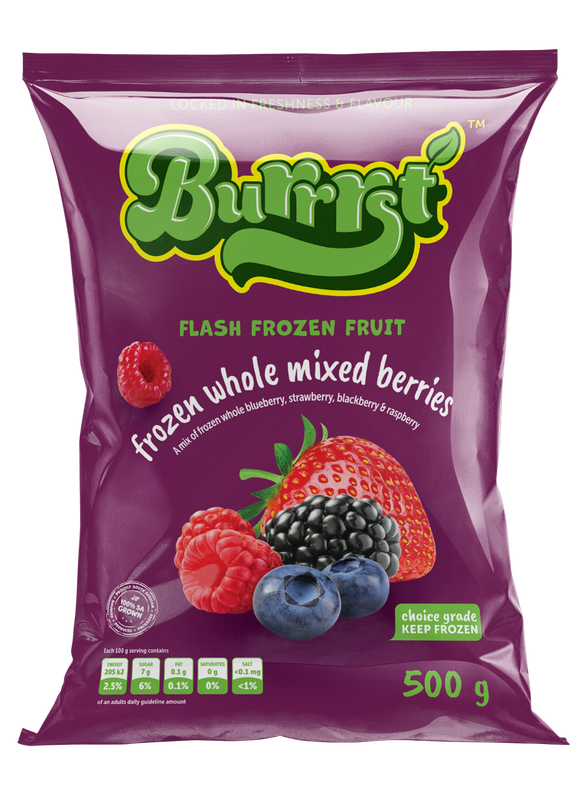 500 gram purple packet of Burrrst frozen whole mixed berries