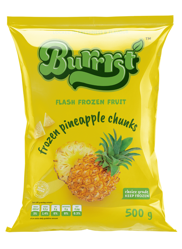 500 gram yellow packet of Burrrst frozen pineapple chunks