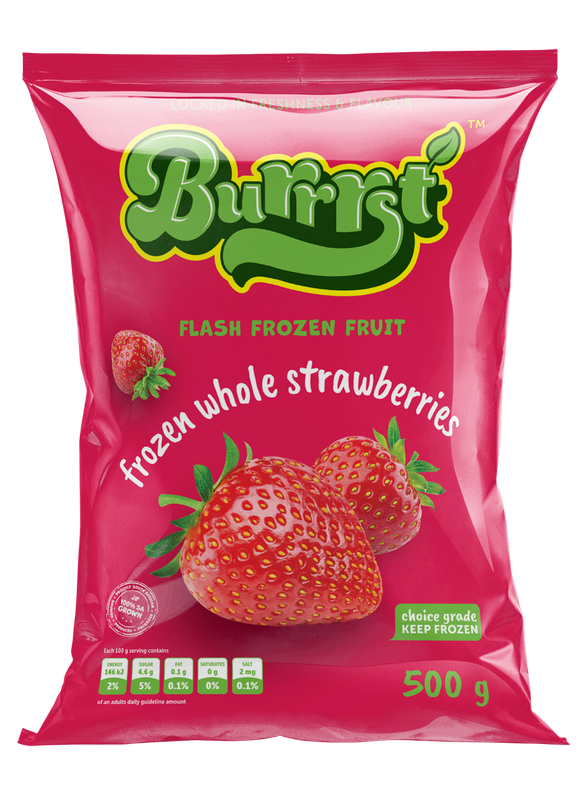 500 gram pink packet of Burrrst frozen whole strawberries