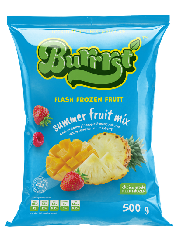 500 gram light blue packet of Burrrst frozen summer fruit mix